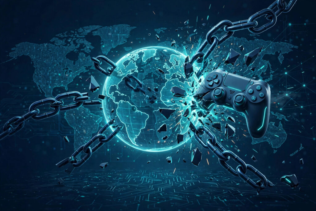 Globe with game controller breaking region locks