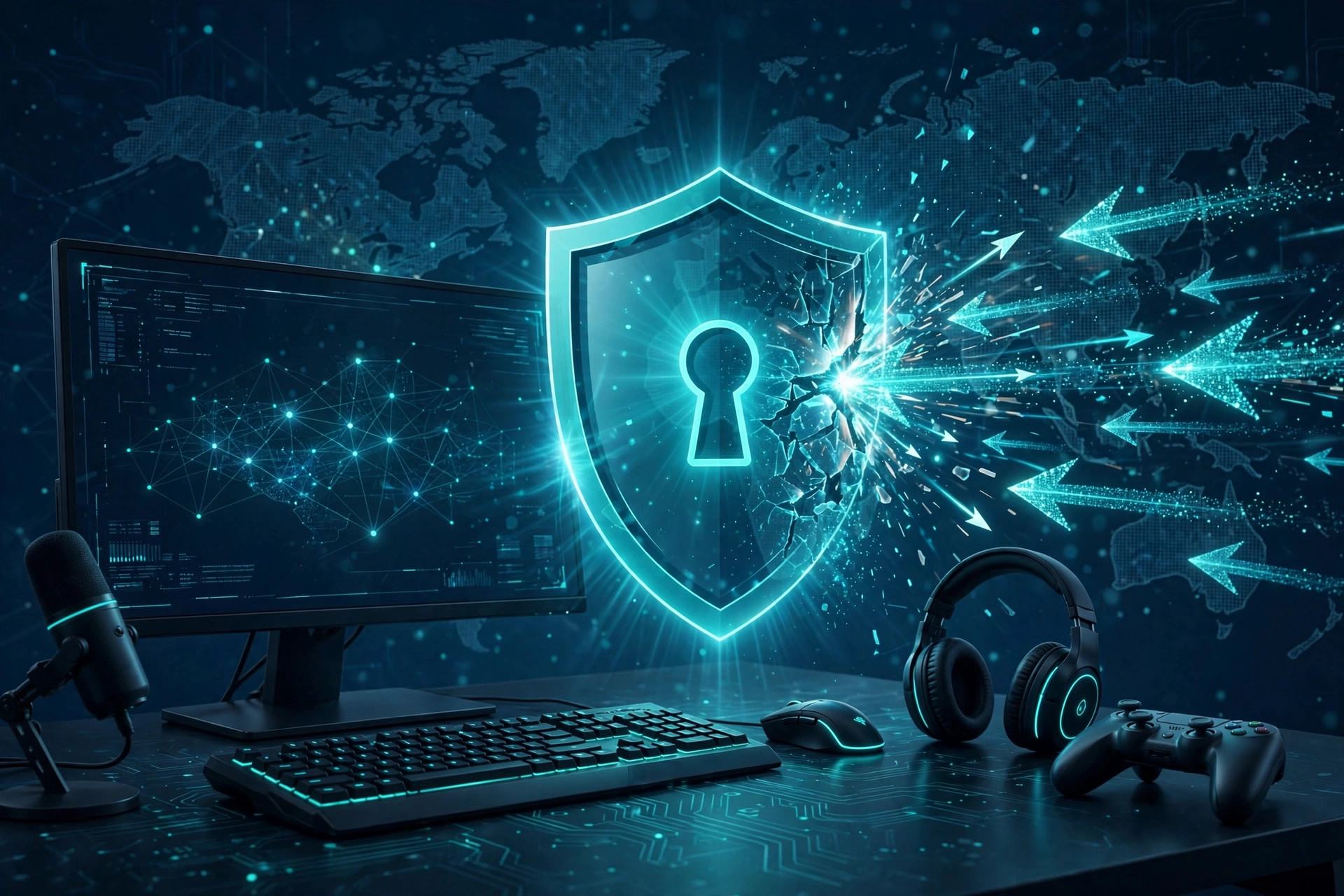 Gaming setup protected by firewall shield from attacks
