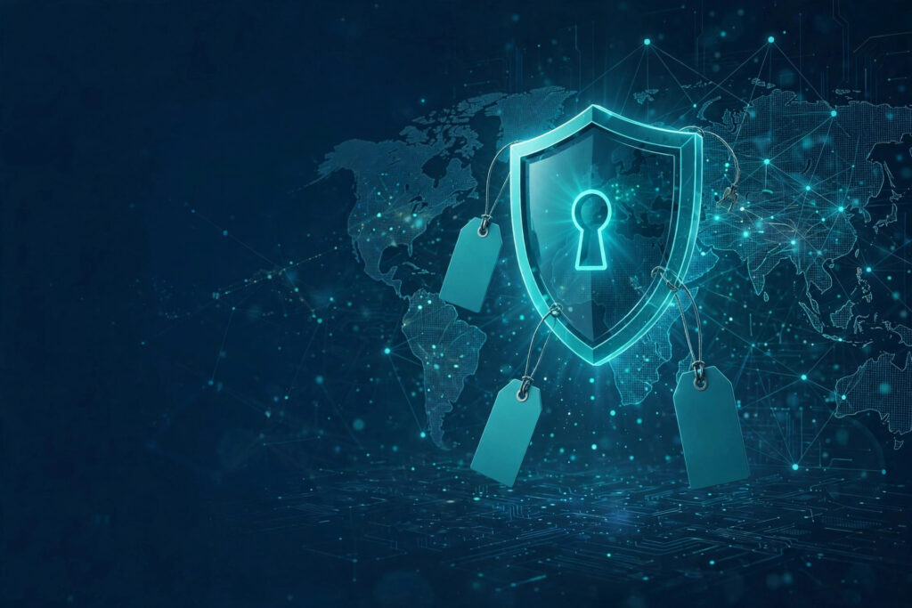 Price tags with low prices on a VPN shield
