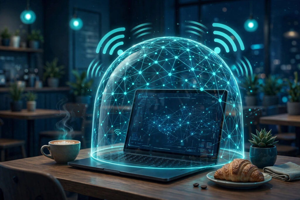 Laptop protected by VPN shield on public wifi