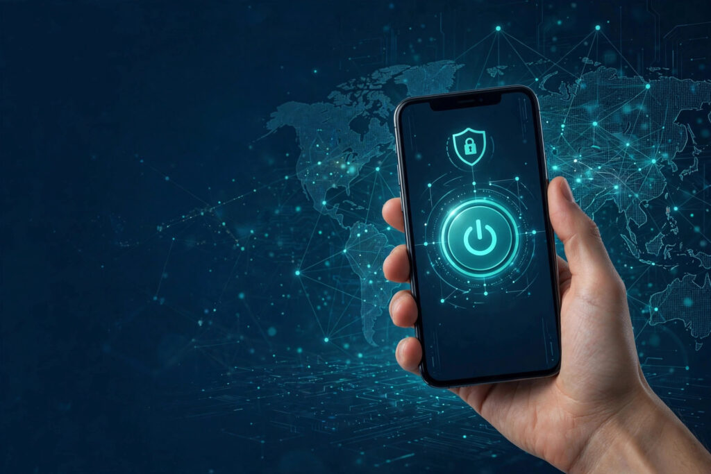 Hand som håller en smartphone med anslutningsknapp för VPN