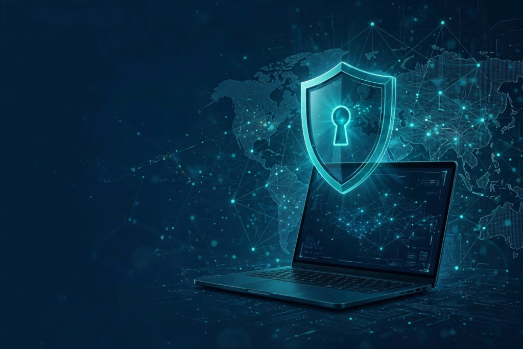 VPN shield with keyhole protecting a laptop on a global network